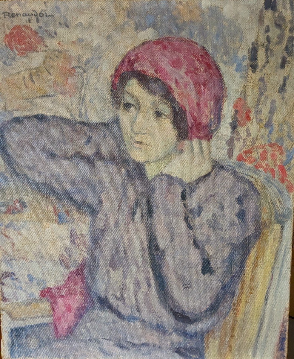Paul Renaudot (1871-1920) Impressionist, Young Girl With A Pink Scarf