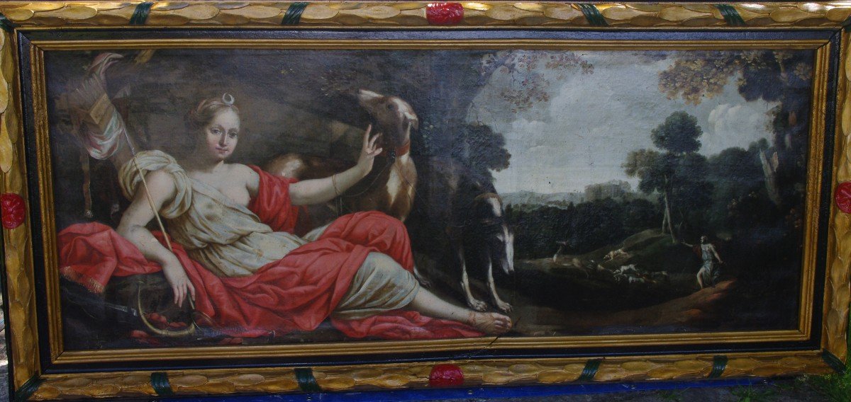 Grand Tableau Du 17ème , Le Repos De Diane , 226cm Sur 91cm Cadre D époque -photo-2