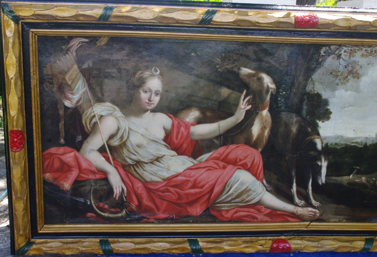 Grand Tableau Du 17ème , Le Repos De Diane , 226cm Sur 91cm Cadre D époque -photo-3