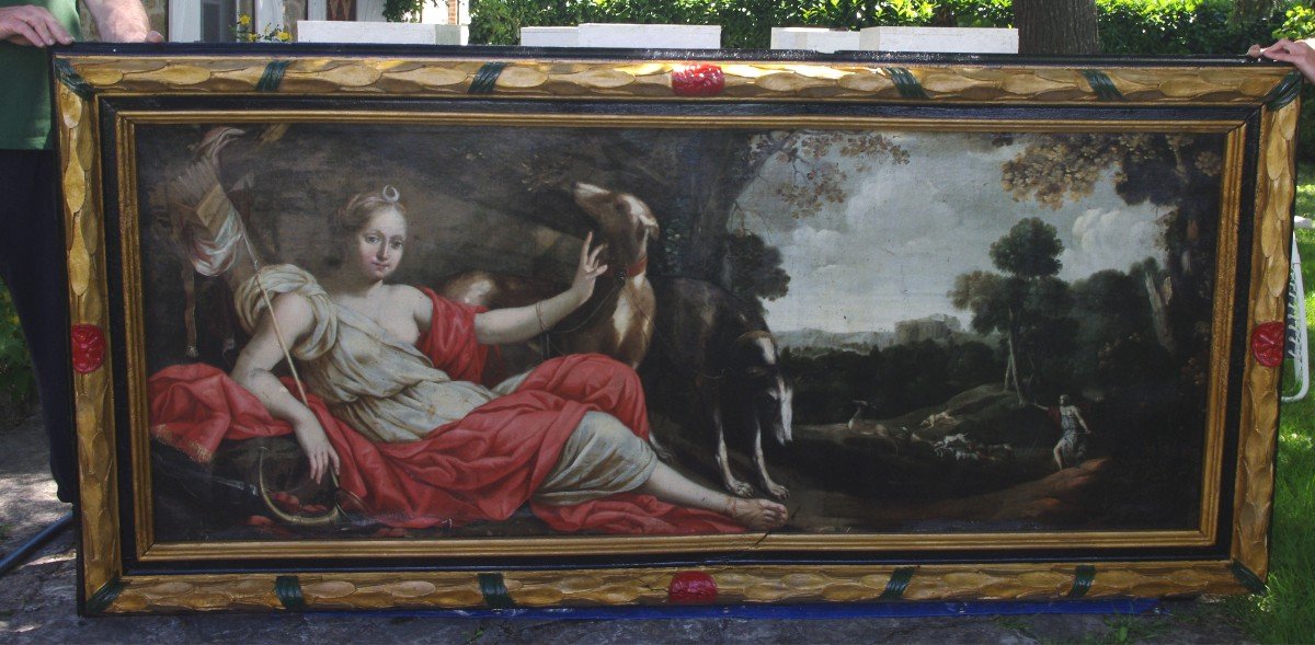 Large 17th Century Painting, The Rest Of Diana, 226cm By 91cm Period Frame -photo-7