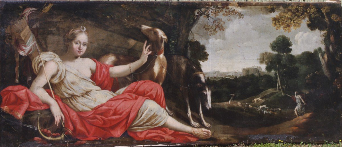 Grand Tableau Du 17ème , Le Repos De Diane , 226cm Sur 91cm Cadre D époque 