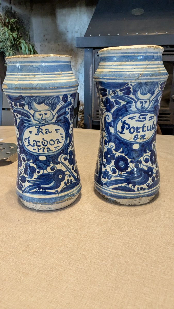 Pair Of 17th Century Spanish Albarello Vases-photo-4
