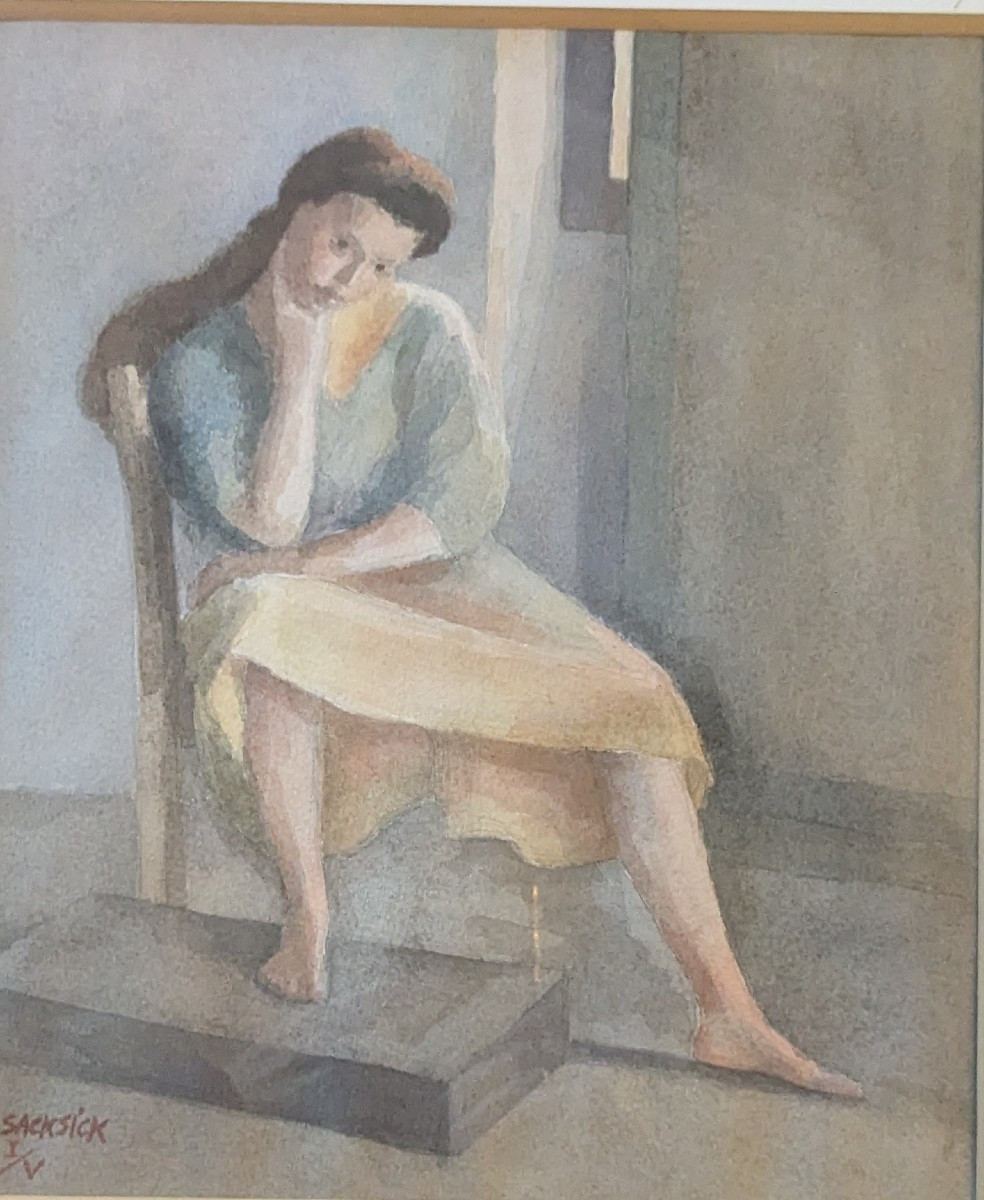 Gilles Sacksick , Julie assise, aquarelle 