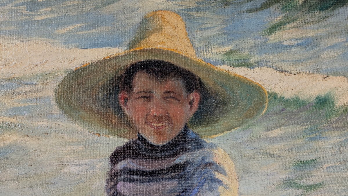  Goncal López Rancaño 1881 1957, école Valencienne Espagne,  Petit garçon sur la plage, 1914-photo-1