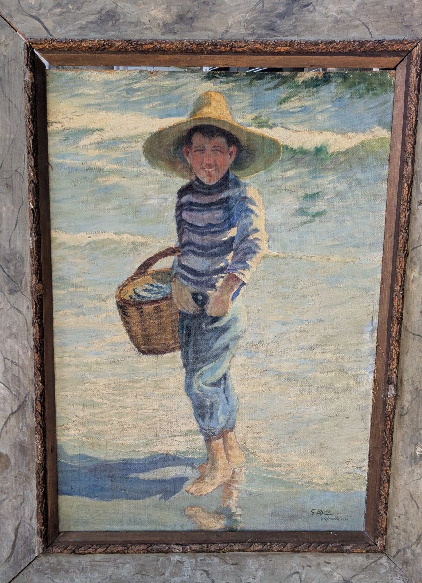  Goncal López Rancaño 1881 1957, école Valencienne Espagne,  Petit garçon sur la plage, 1914