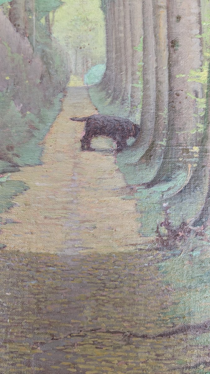 Henri Taurel 1843 1927   promenade du chien dans le bois,  huile sur toile-photo-1