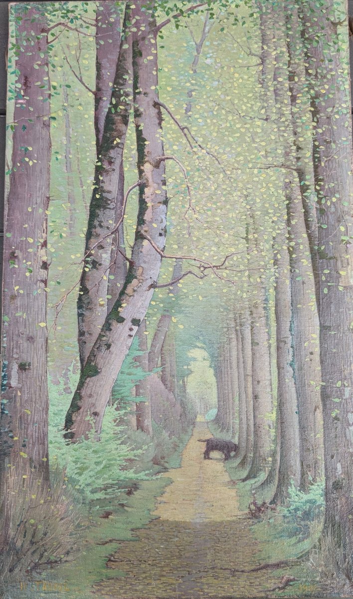Henri Taurel 1843 1927   promenade du chien dans le bois,  huile sur toile