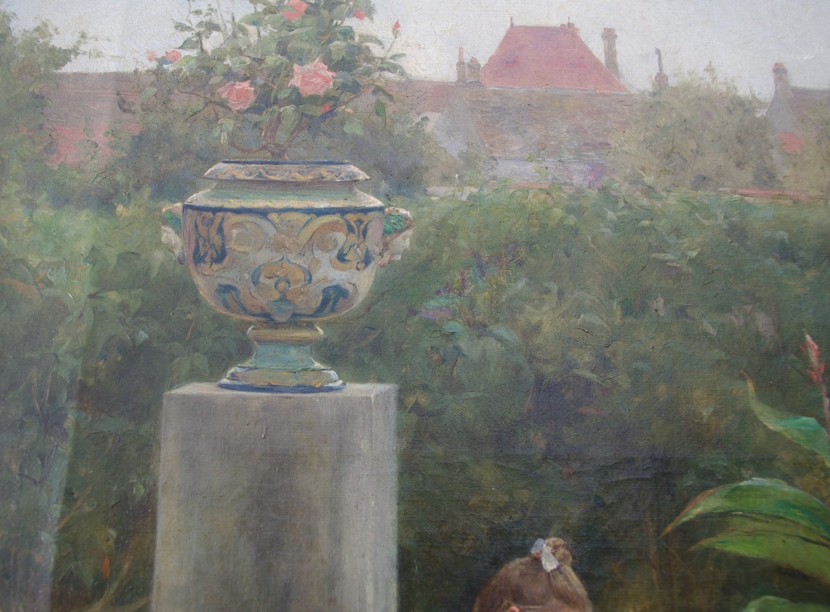Félix G. Berne-Bellecour ( ?_  1905)  Petite Fille Jouant Avec Sa Poupée Dans Le Jardin-photo-3