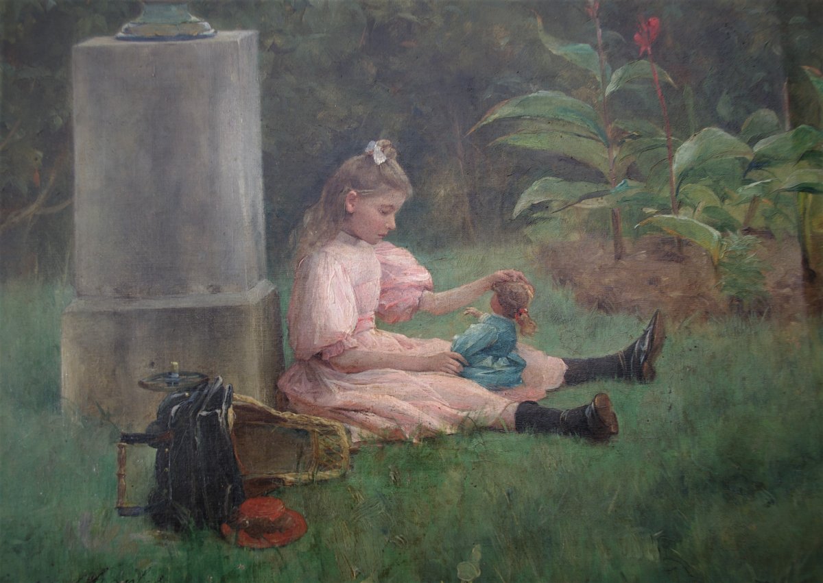 Félix G. Berne-Bellecour ( ?_  1905)  Petite Fille Jouant Avec Sa Poupée Dans Le Jardin-photo-4
