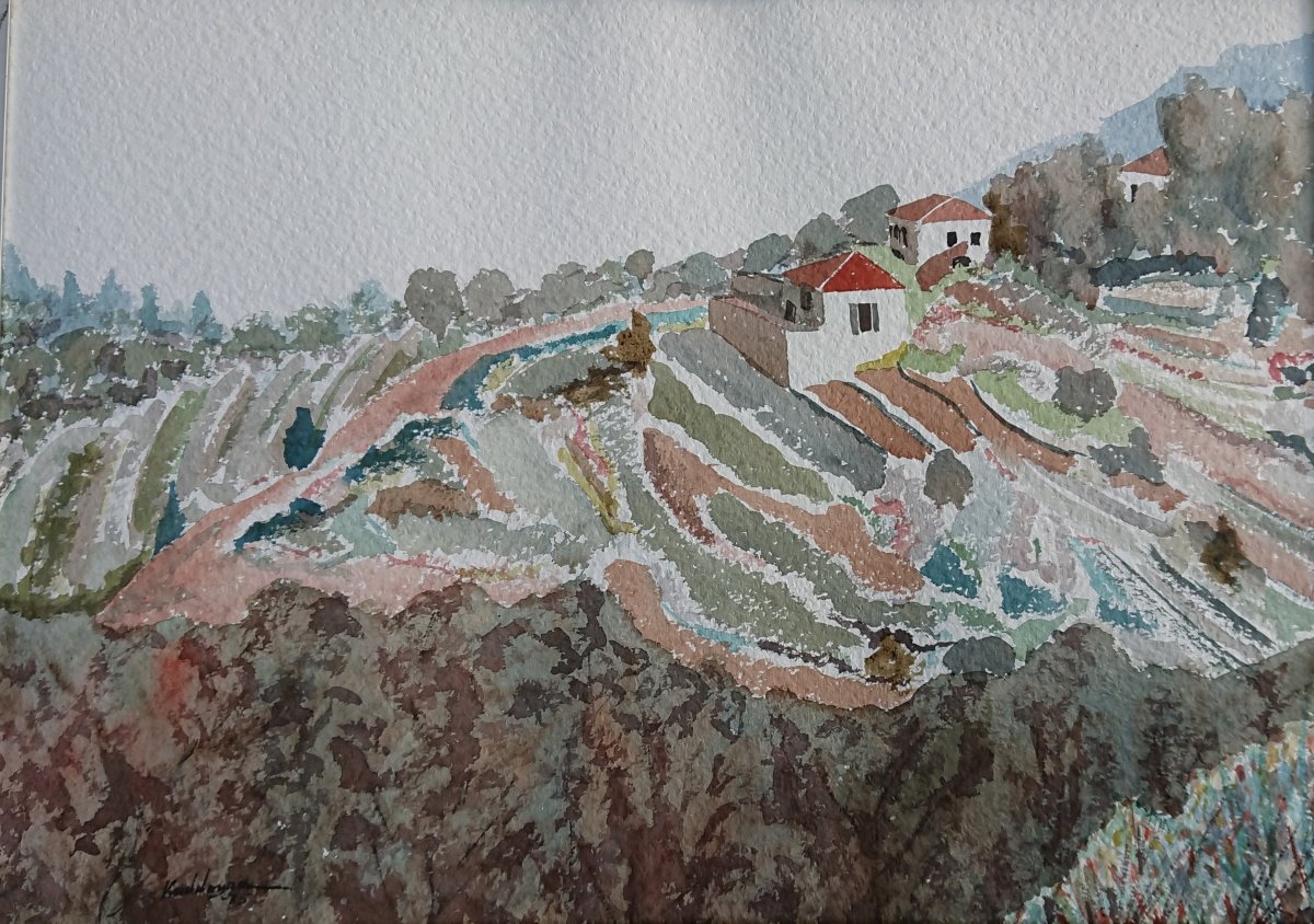 Mohammad Kaddoura (1941) Landscape Of Lebanon, Watercolor 1975; Lebanese Painter