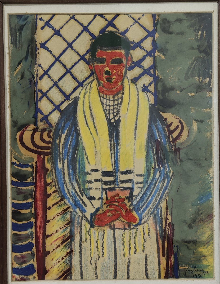 Ferenc Bolmányi, (1904-1990) Young Man With A Yellow Scarf, Hungarian Painter Dated 1950-photo-1