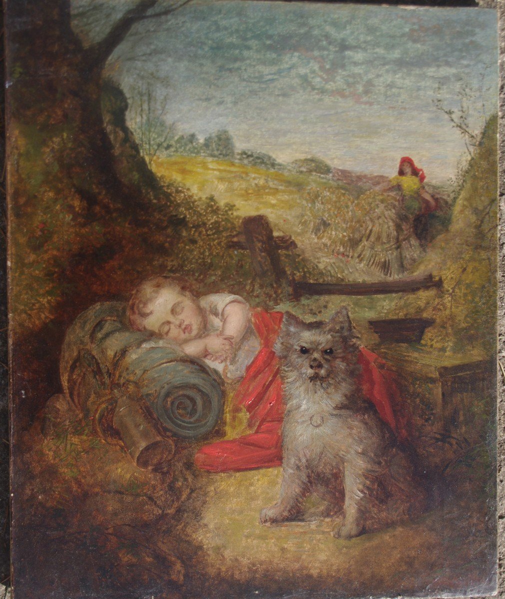 John Eaton Walker (1820 1880) La Sieste de l &#039;enfant et de son chien, Huile Sur Toile Sign&eacute;