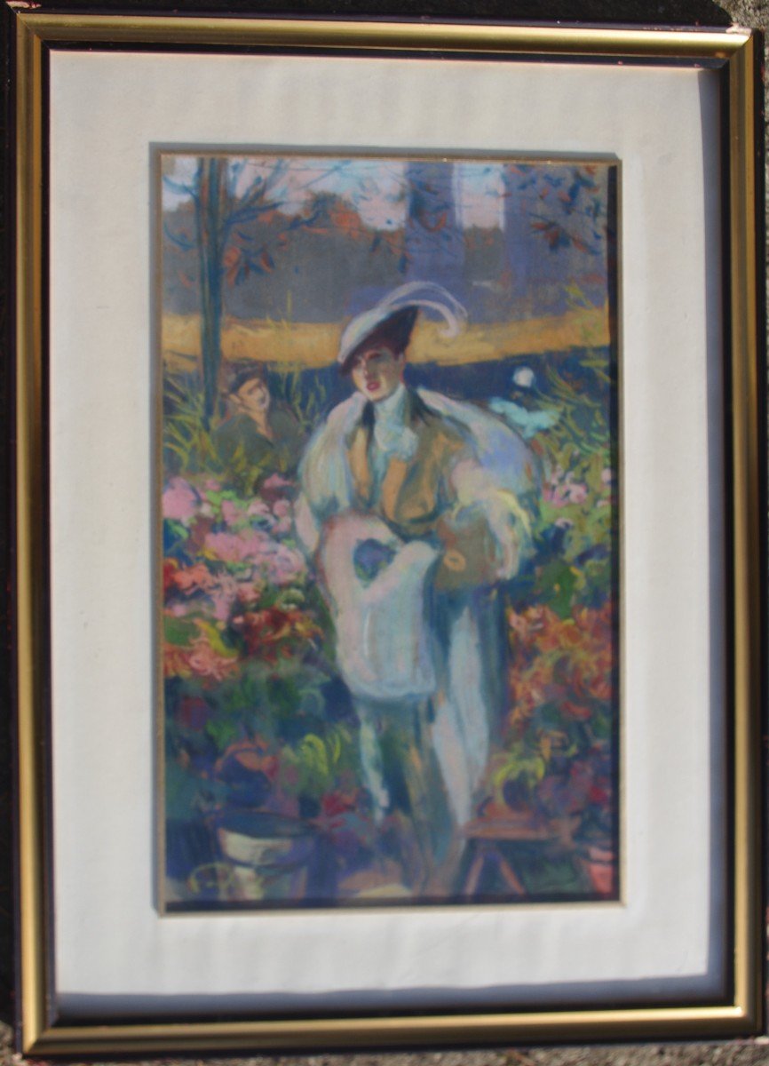 Louis Fortuney (1875-1951)  Elégante Au Marché  Aux Fleurs Grand Pastel-photo-2