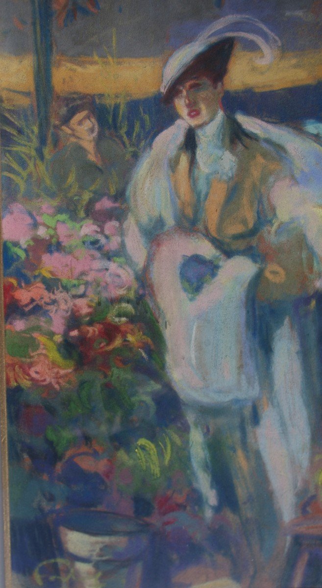 Louis Fortuney (1875-1951)  Elégante Au Marché  Aux Fleurs Grand Pastel-photo-3