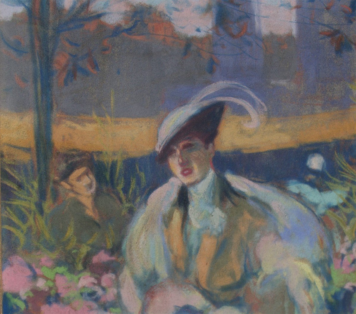Louis Fortuney (1875-1951)  Elégante Au Marché  Aux Fleurs Grand Pastel-photo-1