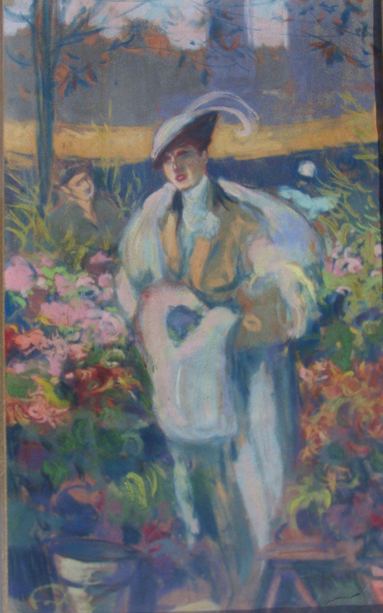 Louis Fortuney (1875-1951)  Elégante Au Marché  Aux Fleurs Grand Pastel