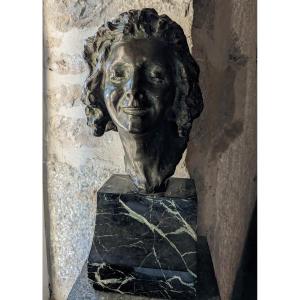 Victor Demanet, (1895-1964) Portrait Of Young Woman, Bronze, Old Edition, Green Marble Base