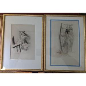 Pair Of Engravings By Edgar Chahine 1874-1947 Nude In The Mirror, And Nude On The Knee, Framed