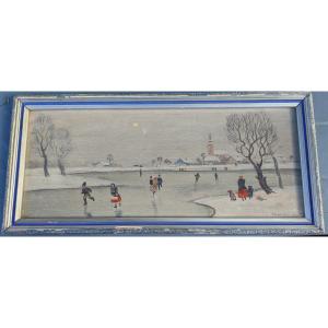 Tibor Polya 1886-1937,  Patineurs Sur Glace , Peintre Hongrois