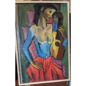 Georges Artemoff( 1892-1965 ) ,Georgij K. Artemov, Femme à La Guitare 