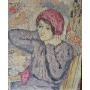 Paul Renaudot (1871-1920) Impressionniste , Jeune Fille Au Foulard Rose