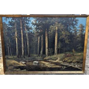 After Ivan Shishkine In The Forest Russian Landscape, Oil On Canvas Signed In Cyrillic