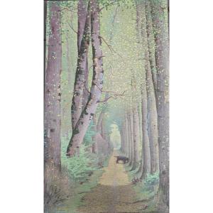 Henri Taurel 1843 1927 promenade du chien dans le bois, huile sur toile