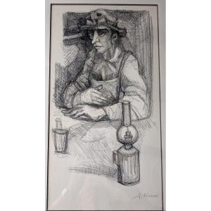 Jean Segalat 1926 1987 peintre de Decazeville , Aveyron dessin au fusain