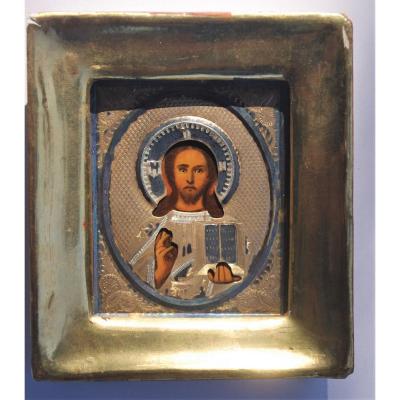 Petit Icone Russe Ancien 19eme Rizza Argent Christ Pantocrator