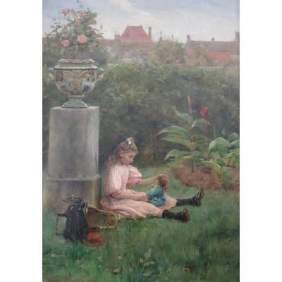 Félix G. Berne-Bellecour ( ?_  1905)  Petite Fille Jouant Avec Sa Poupée Dans Le Jardin