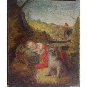 John Eaton Walker (1820 1880) La Sieste de l 'enfant et de son chien, Huile Sur Toile Signé