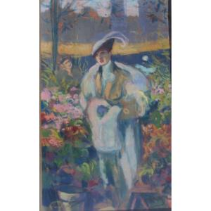 Louis Fortuney (1875-1951)  Elégante Au Marché  Aux Fleurs Grand Pastel