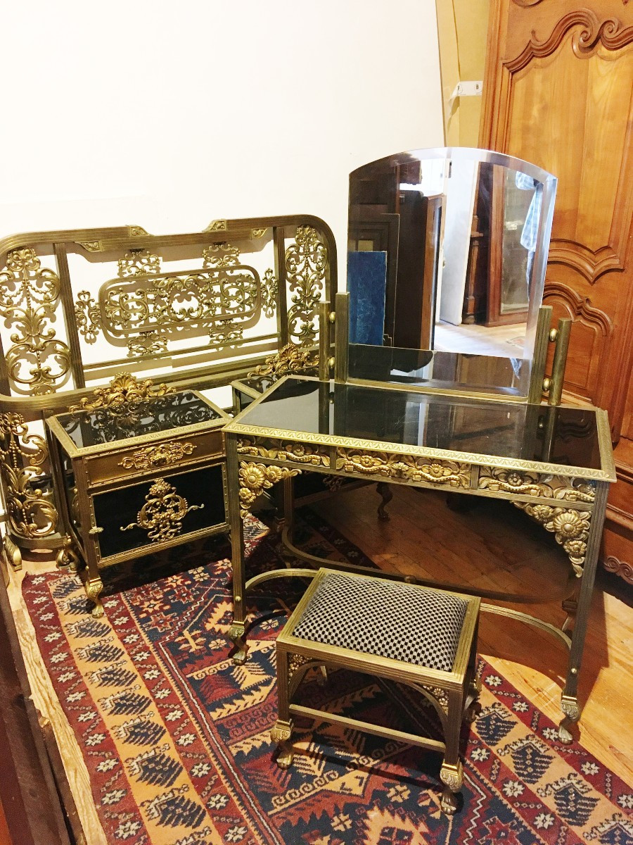 Spectaculaire ensemble de chambre en laiton massif 1900 cent