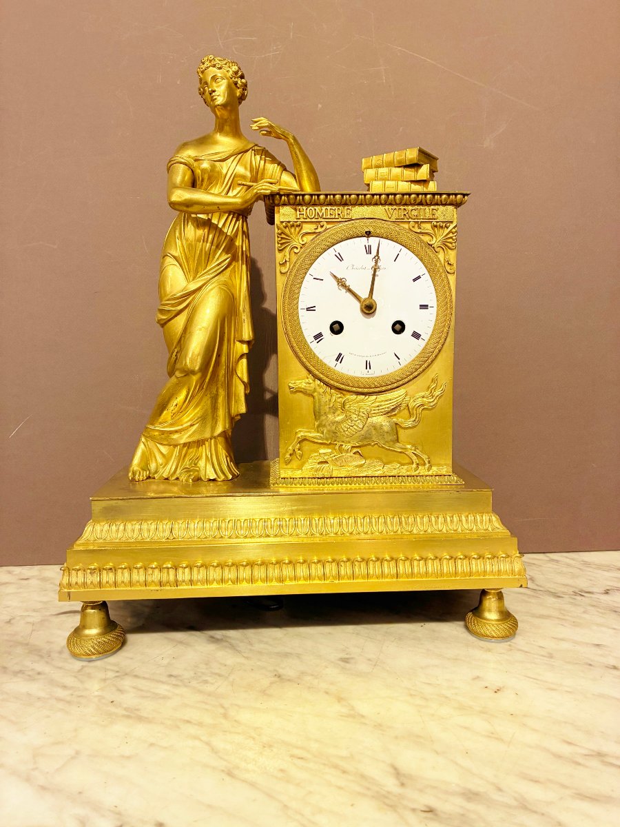 Gilded Bronze Coat Clock Signed Choiselat-gallien, Empire Style