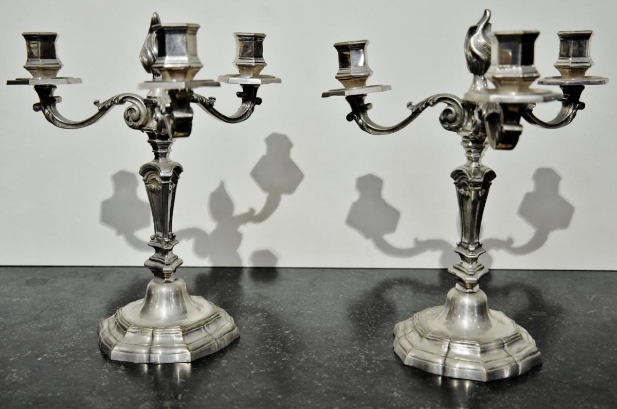 Pair Of Bronze Candlesticks Silver Louis XIV Style