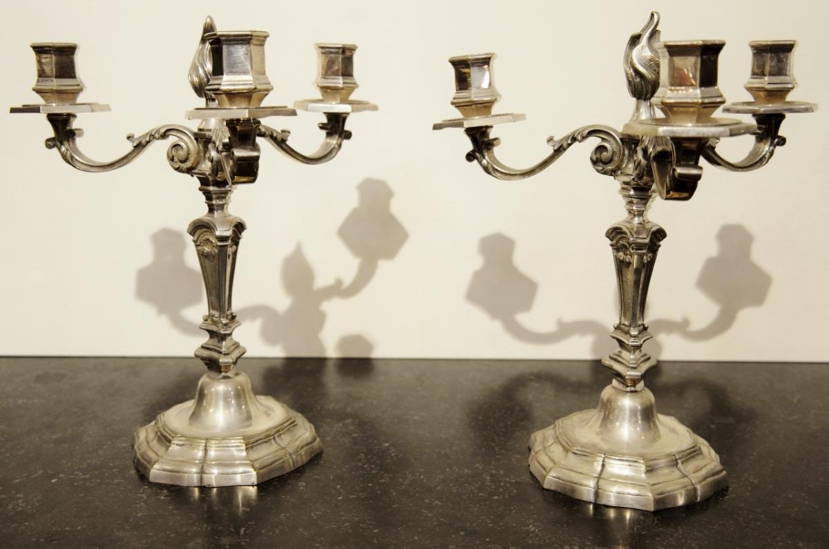 Paire De Chandeliers En Bronze Argentés Style Louis XIV-photo-2