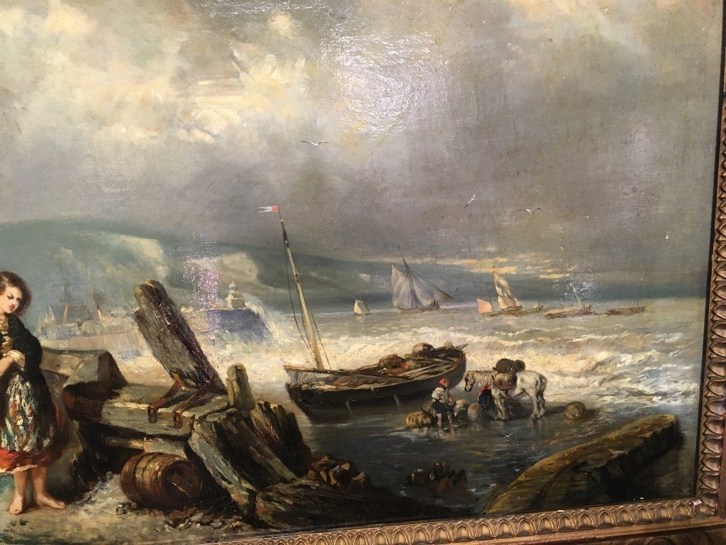 Noël Jules  (1810 - 1881 )   Port De Pêche En Normandie  Huile Sur Toile  -photo-4
