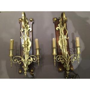 Pair Of Neo-gothic Style Bronze Sconces 19th Century