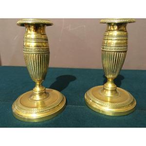 Pair Of Small Candlesticks In Gilt Bronze, 19th Century