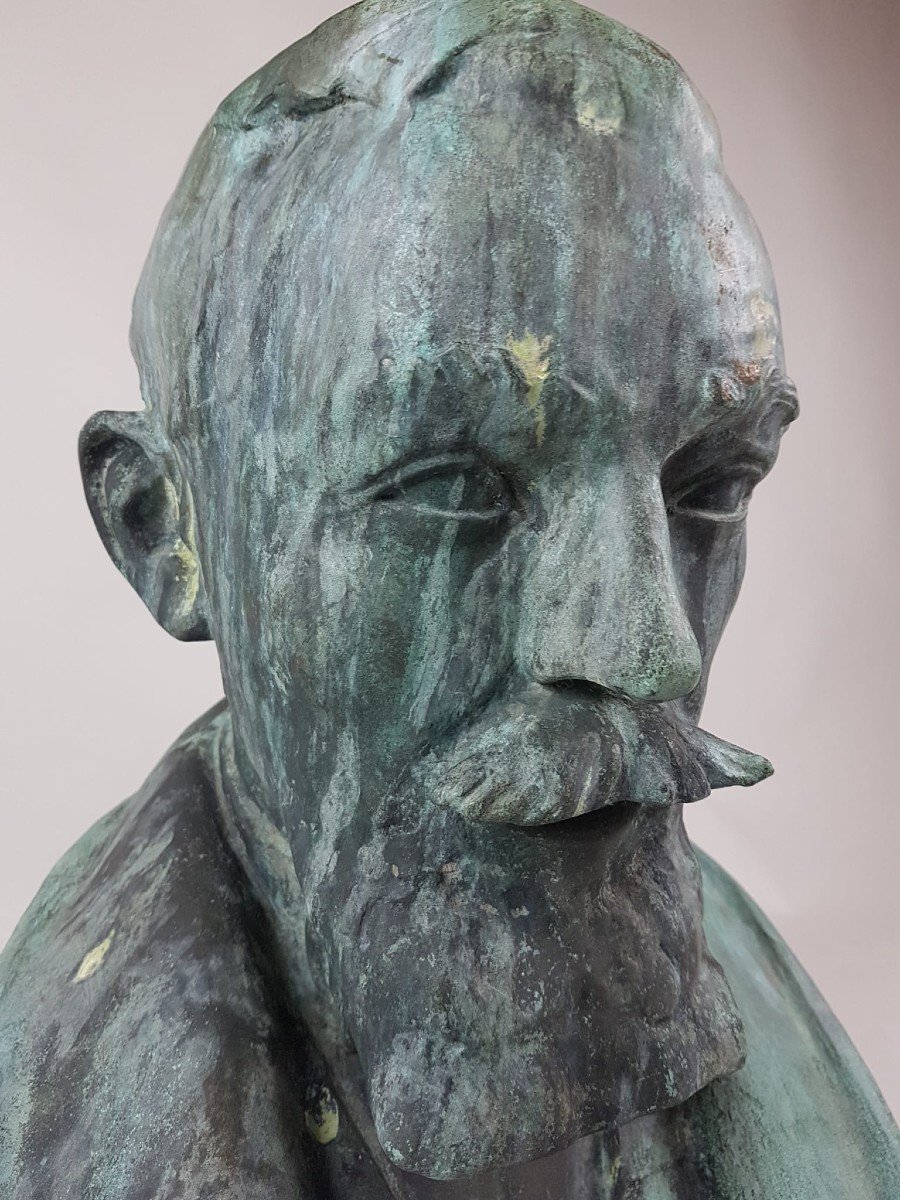 Oscar De Clerck, Bust Of A Man In Bronze With Green Patina-photo-3