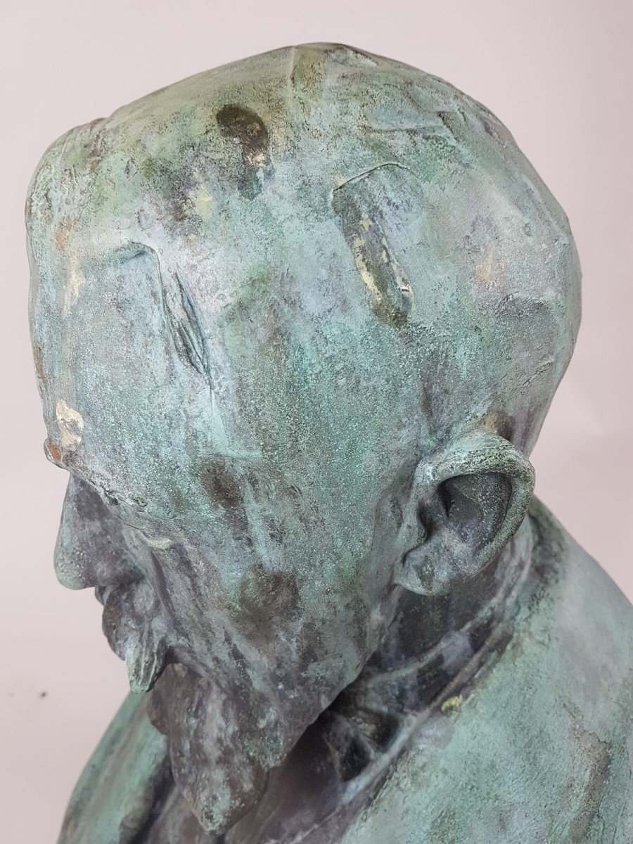 Oscar De Clerck, Bust Of A Man In Bronze With Green Patina-photo-4