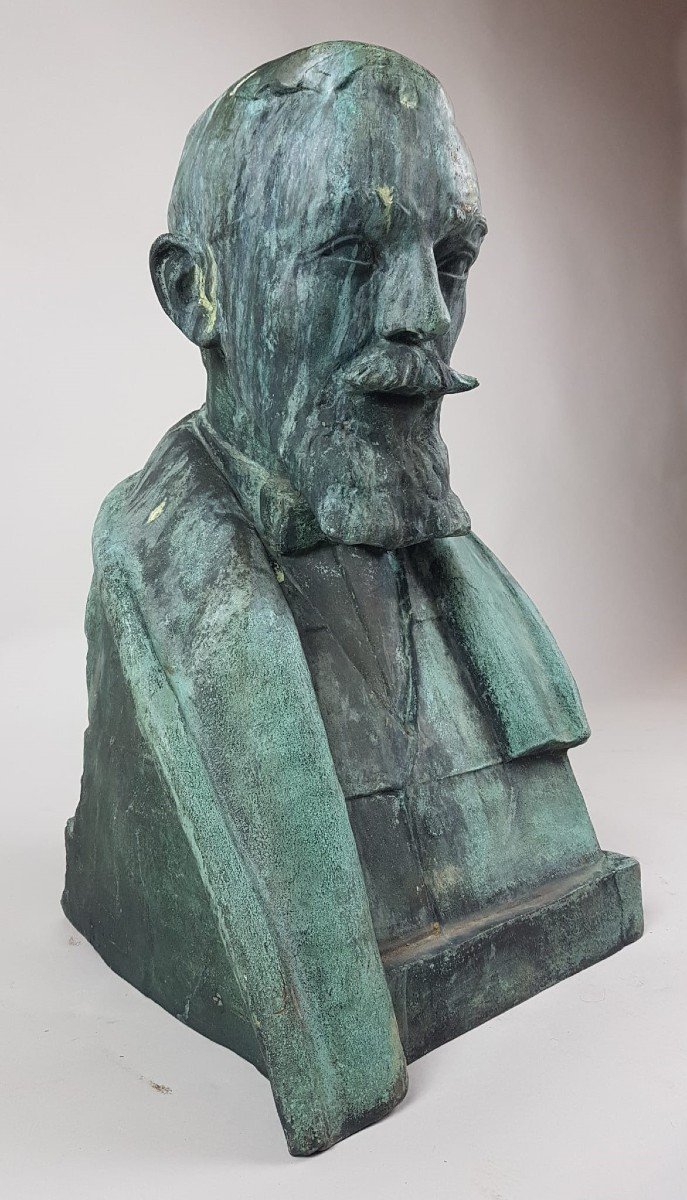 Oscar De Clerck, Bust Of A Man In Bronze With Green Patina-photo-5