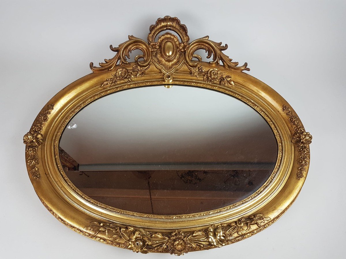 Oval Mirror In Wood And Golden Stucco, Late 19th-photo-2
