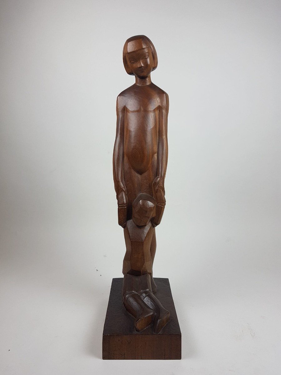 Van Den Meersch Gustave, Bois Sculpté "maternité" Daté 1929, exposé en 1934 salon quadriennal de Belgique à Liège