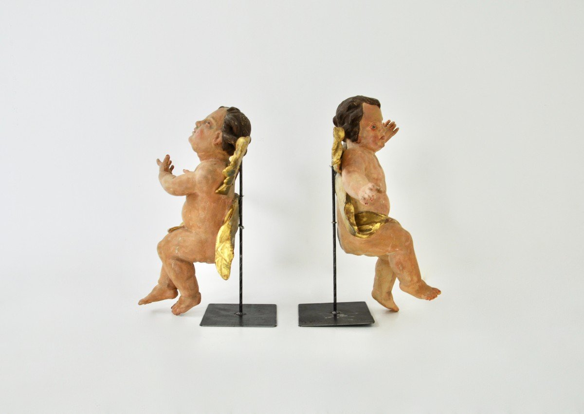 Pair Of Polychrome Wooden Angels-photo-2