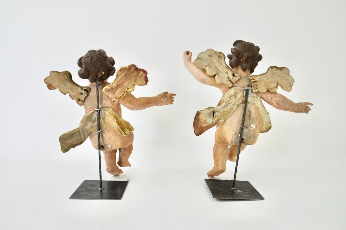 Paire d'Anges En Bois Polychrome-photo-3