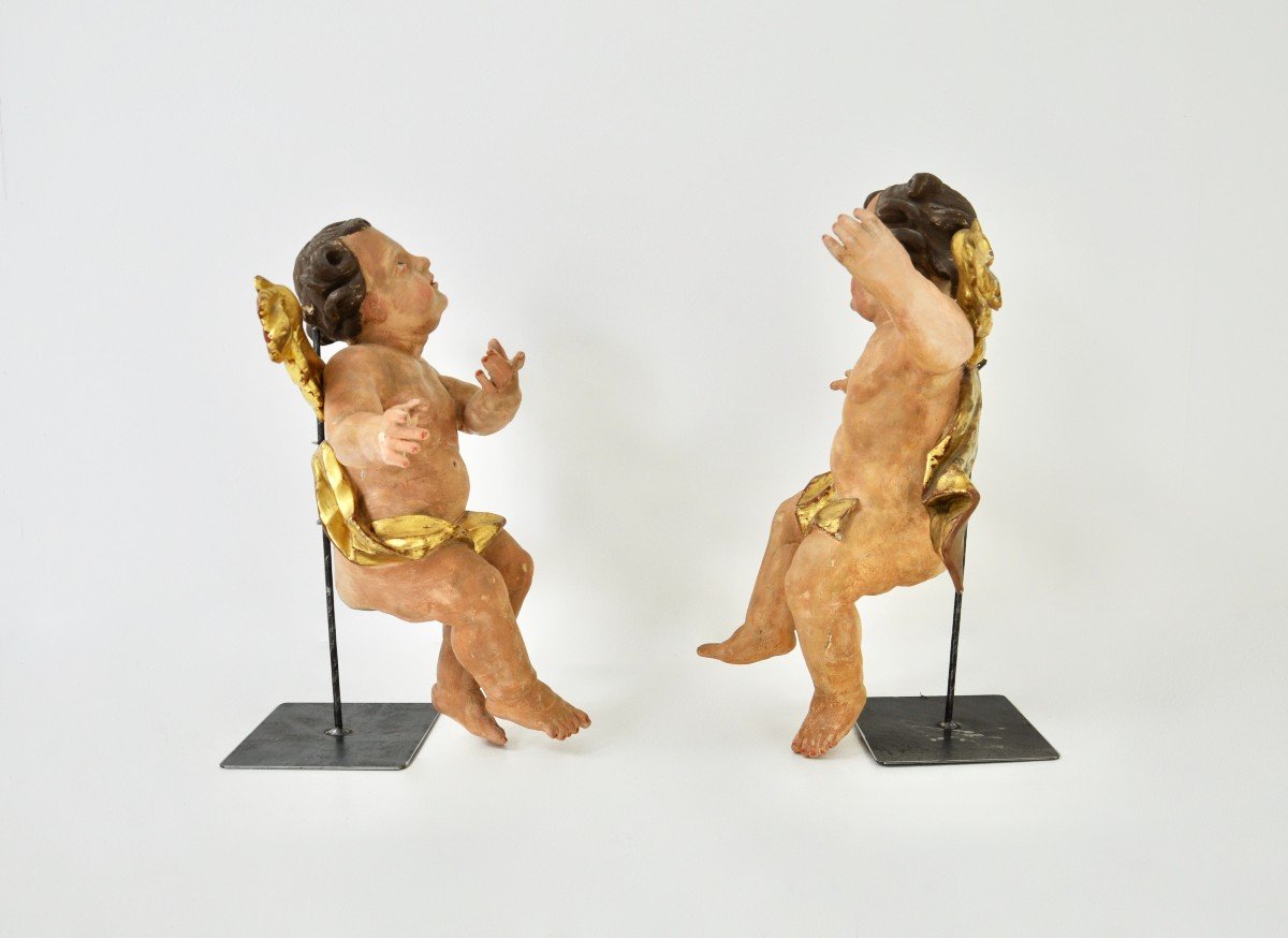 Pair Of Polychrome Wooden Angels-photo-5