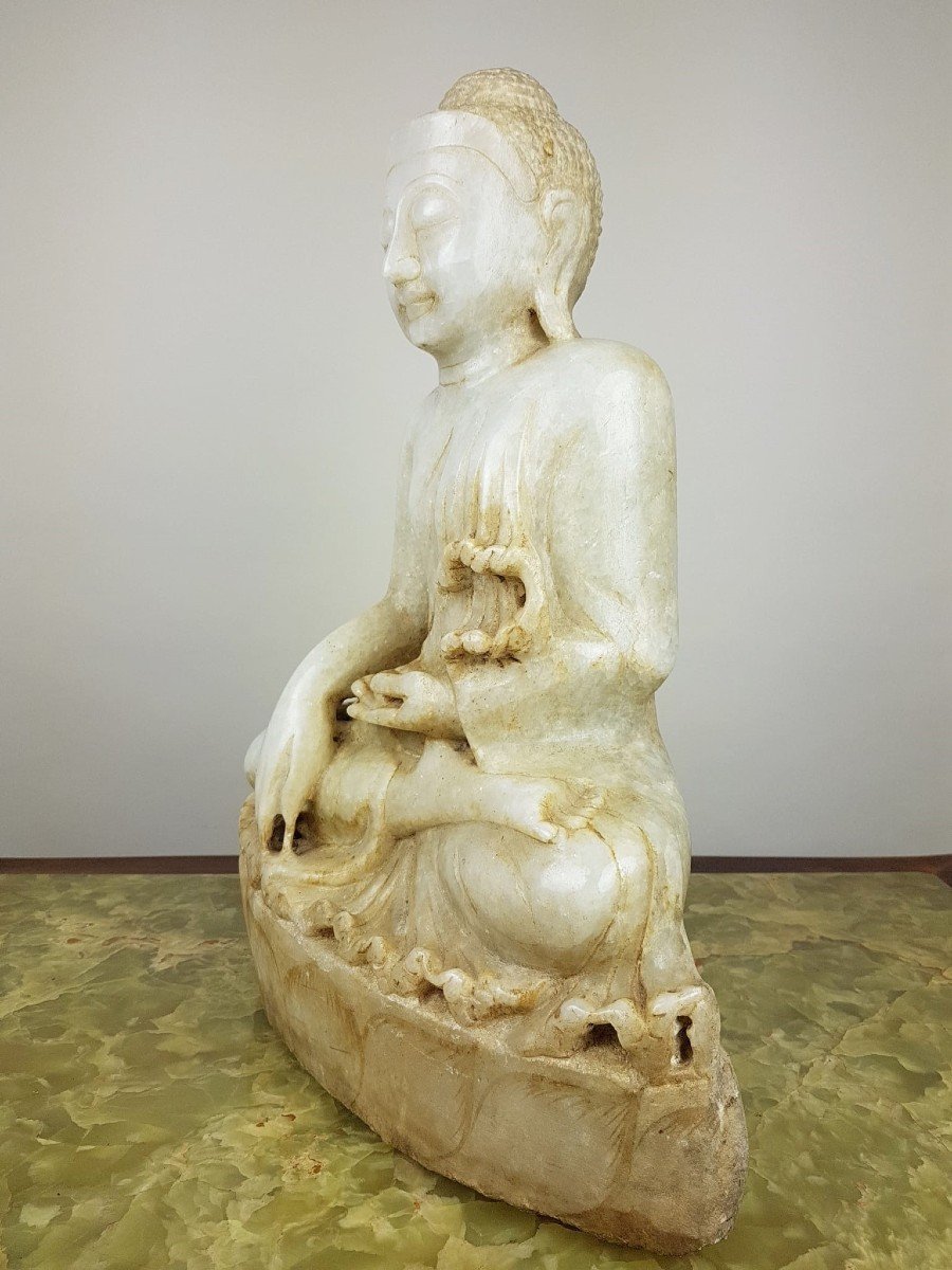 Bouddha En Pierre Finement Sculpté, Début 20th-photo-4