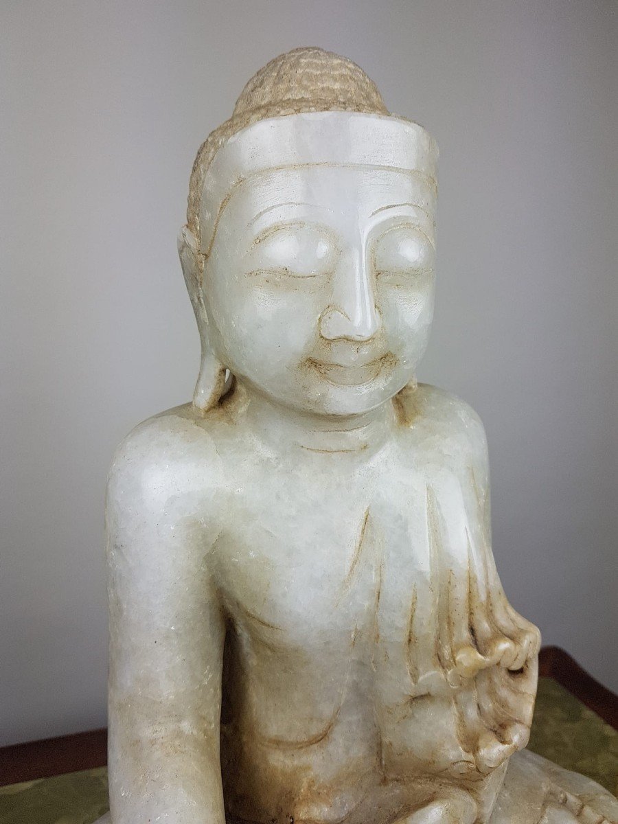 Bouddha En Pierre Finement Sculpté, Début 20th-photo-3