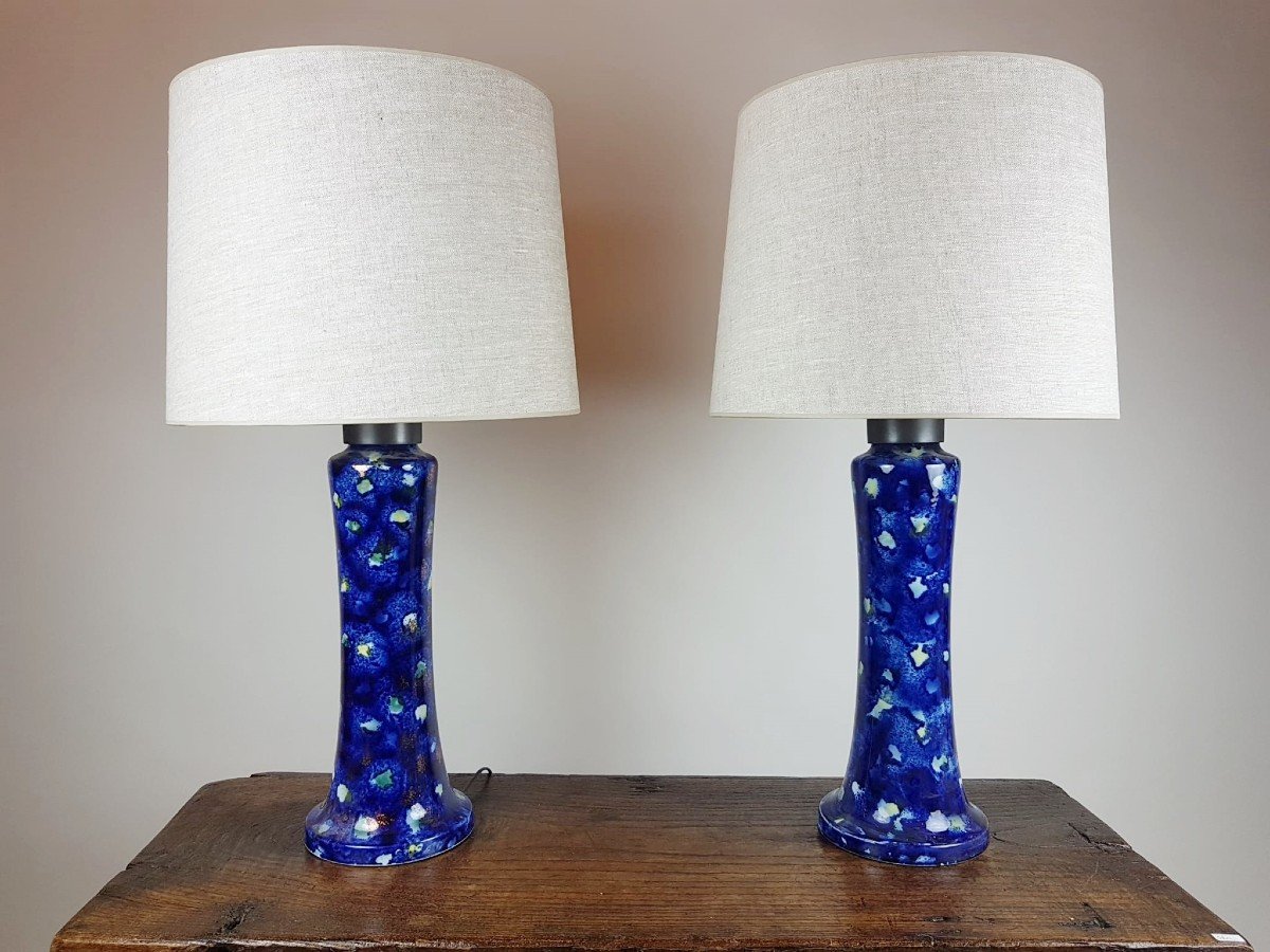 Paire De Lampes En Faïence Vernissée, Vers 1970